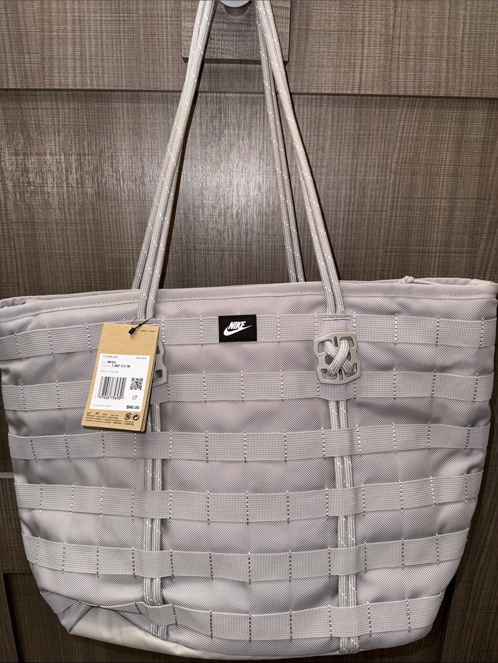 Nike Quilted Light Gray Tote Bag with Webbed Exterior